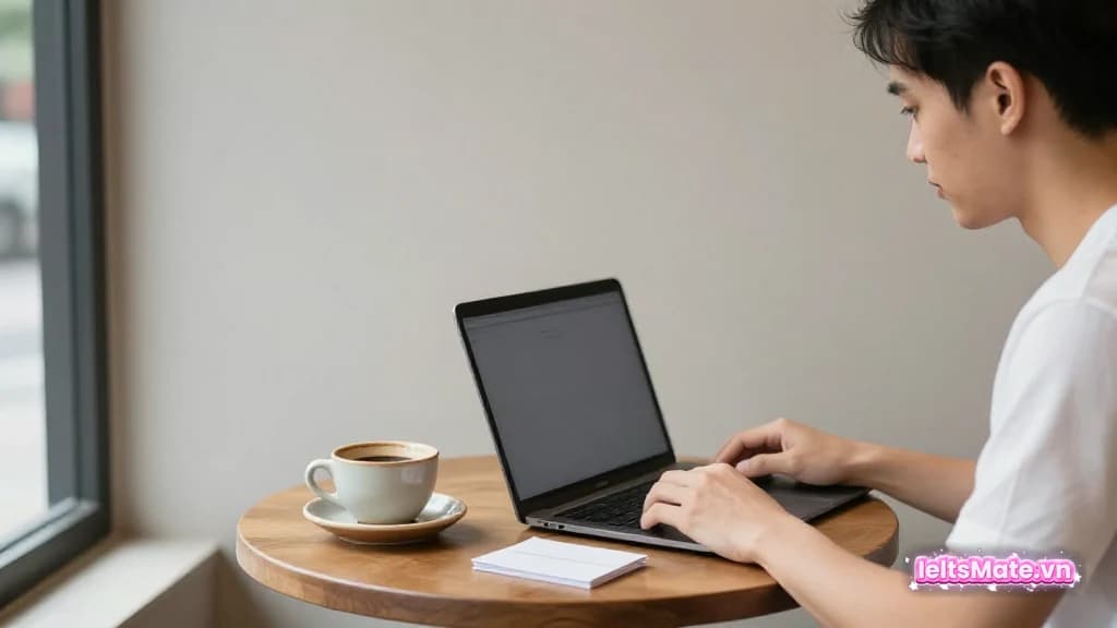 Người học Việt Nam ngồi quán cà phê, gõ laptop màn hình mờ bên cạnh một cuốn sổ nhỏ và tách cà phê.