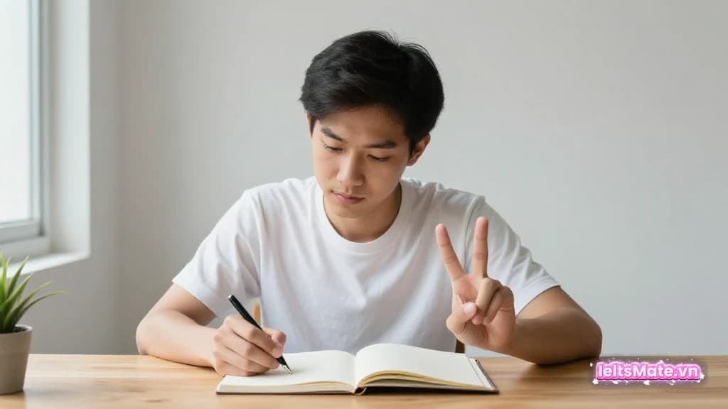 Người học Việt Nam nhìn xuống trang sổ kẻ dòng trống, một tay giơ hai ngón tay đếm sát mép trang, tay kia cầm bút.