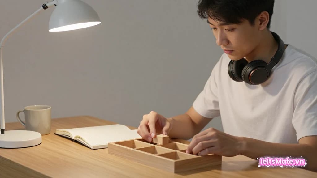 Người học Việt Nam đeo tai nghe choàng cổ, đặt một khối gỗ nhỏ vào một ô trong hộp khay chia nhiều ô trống.