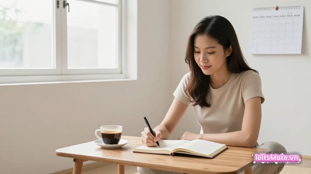 Người học Việt Nam ngồi trên đệm sàn trong phòng sáng, viết vào sổ tay mở trên bàn thấp cạnh cốc cà phê buổi sáng.