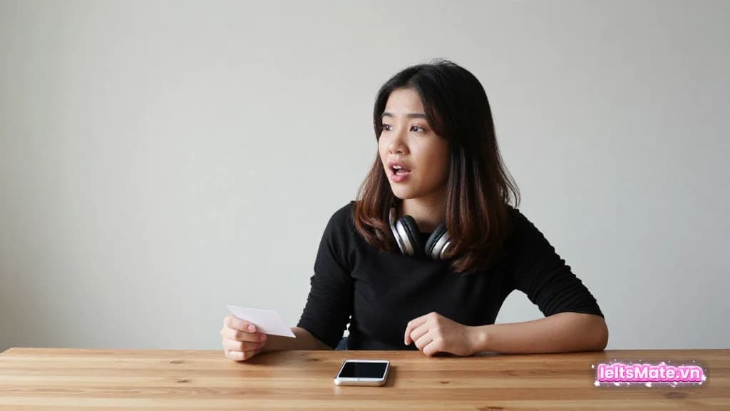 Người học Việt Nam nói trước điện thoại đặt trên bàn, tai nghe choàng cổ, chuẩn bị nghe lại để tự sửa lỗi.
