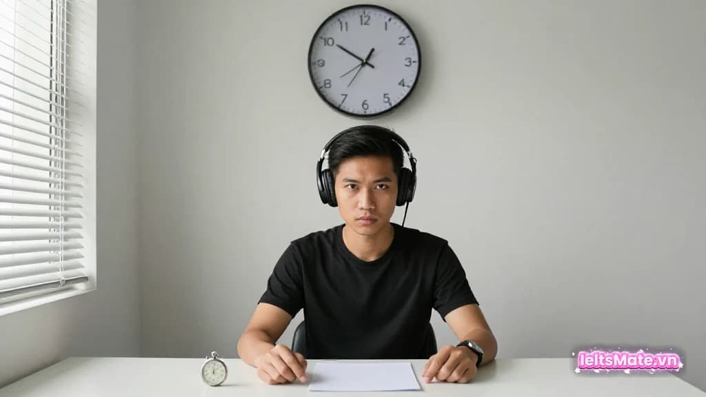 Người học Việt Nam ngồi nghiêm túc trước đồng hồ treo tường và đồng hồ bấm giờ, mô phỏng bài test chẩn đoán có tính giờ.