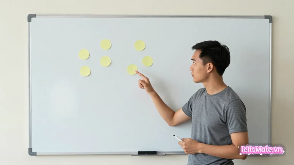 Người học Việt Nam đứng trước bảng trắng có các nhãn tròn trống xếp thành từng nhóm, cân nhắc cách dùng đề tham khảo.