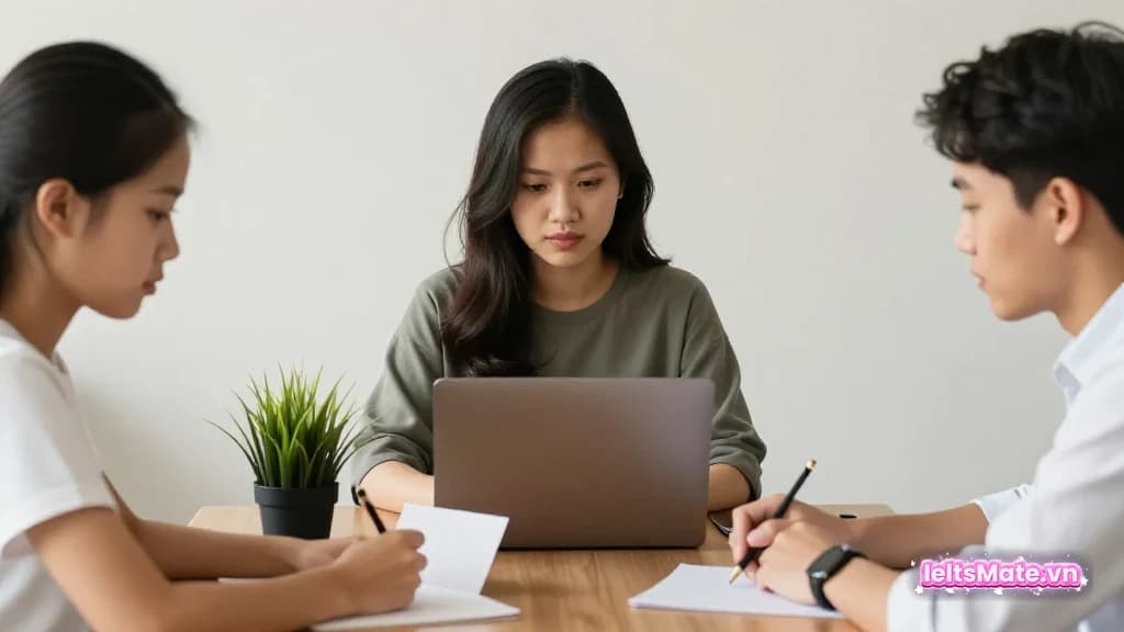 Một người học Việt Nam ngồi cạnh giáo viên, cùng nghe tai nghe chia đôi và nhìn các thẻ âm trắng trên bàn học sáng.