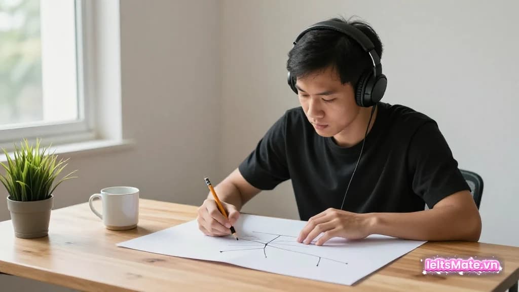 Người học Việt Nam đeo tai nghe, dùng bút chì lần theo một lộ trình trên tờ giấy trắng lớn tại bàn học sáng.