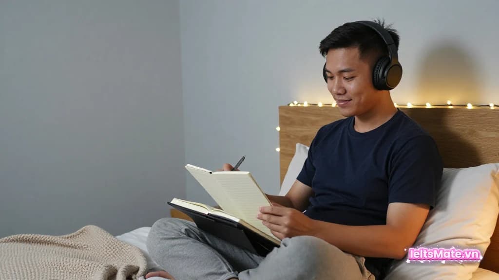 Người học Việt Nam đeo tai nghe, ngồi xếp bằng trên giường với sổ tay trống trên bàn kê đầu gối, ánh đèn ấm buổi tối.