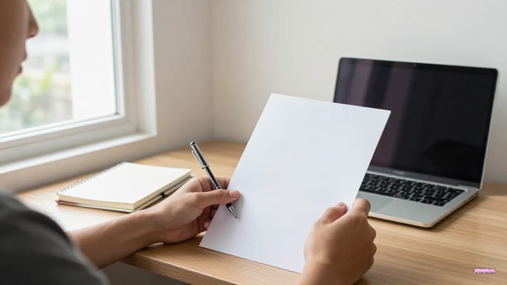 Người học châu Á trưởng thành đang đọc một trang giấy và ghi chú bên cạnh máy tính trong ánh sáng cửa sổ.