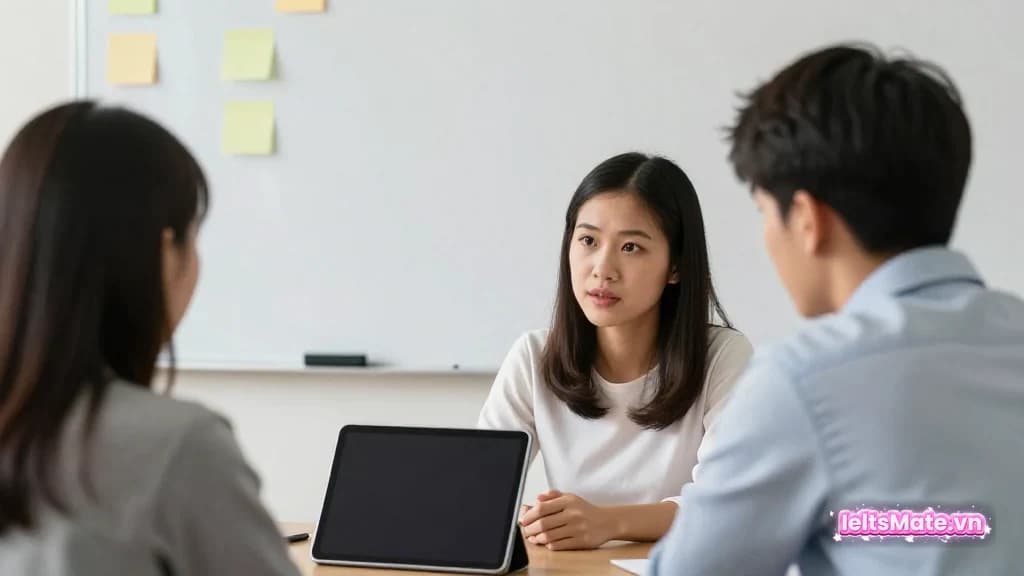 Người học Việt Nam dùng bút chì đặt vào các ô trống trên tờ giấy trắng dài, cạnh sách bìa trơn trong thư viện.