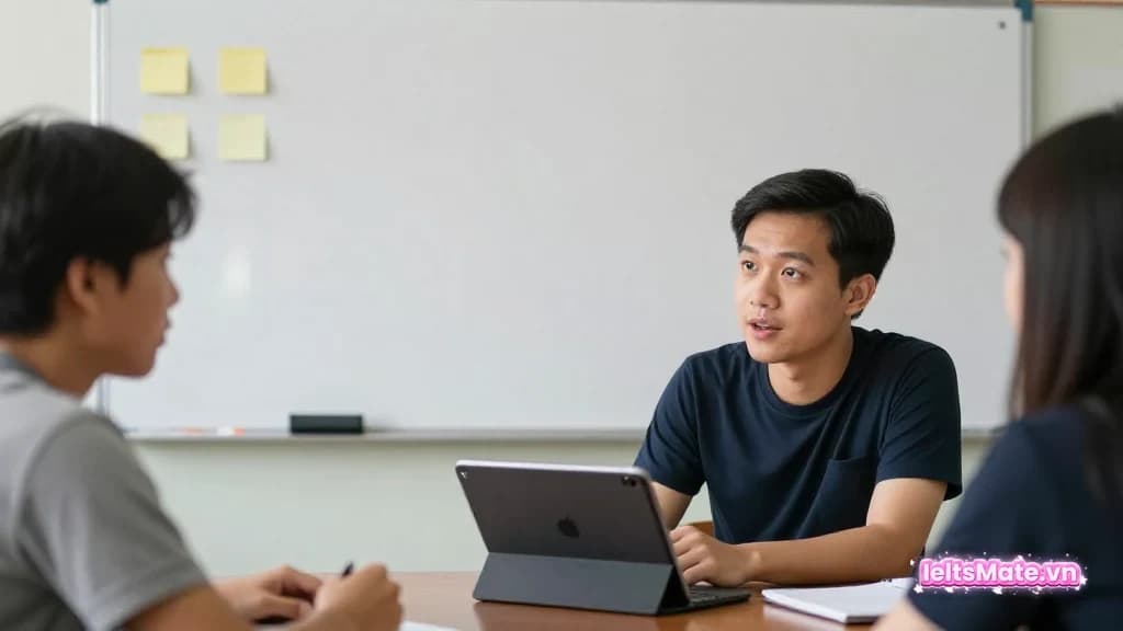 Một người học Việt Nam đặt kính lúp trên hai dải giấy trắng gần giống nhau để so nghĩa trước khi chọn đáp án Reading.