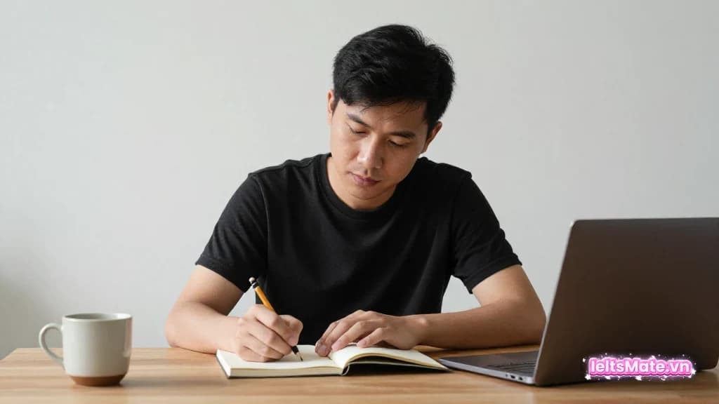 Người học Việt Nam dùng dây mảnh nối các thẻ giấy trắng trên bàn để lần dấu từ tham chiếu trong một đoạn đọc.