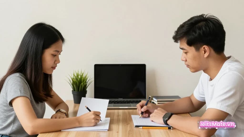 Người học Việt Nam sắp lá cây, bút và thẻ giấy trắng thành các nhóm ý môi trường trên bàn gỗ sáng.