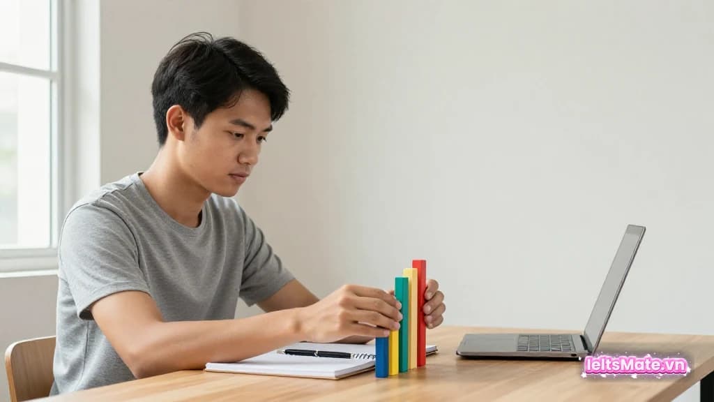 Người học Việt Nam xếp các thanh gỗ màu sắc theo chiều cao khác nhau thành hai nhóm nhỏ trên bàn học.
