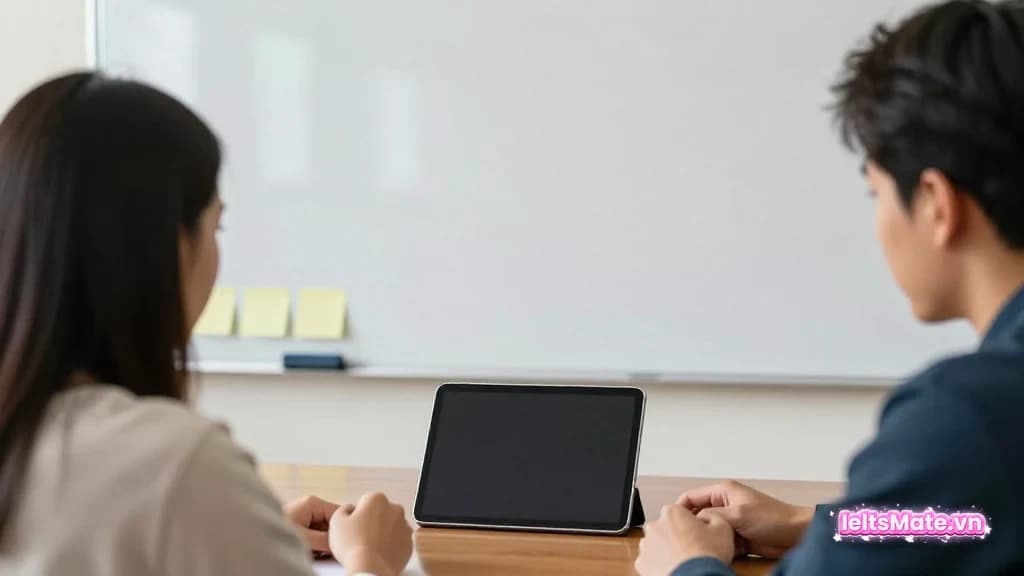 Người học Việt Nam dùng thước đặt lên các cột gỗ trơn khác chiều cao trên bàn để luyện chọn số liệu nổi bật.