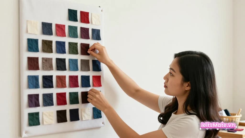 Người học Việt Nam ghép các miếng vải màu thành lưới hàng và cột trên bảng dạ, tay đang so hai miếng theo cùng một cột.