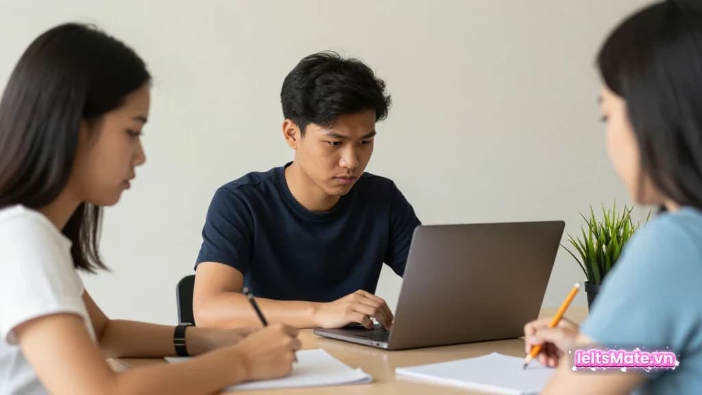 Người học Việt Nam cầm bút trước hai tờ giấy trắng đặt hai phía bàn, thể hiện việc chọn một lập trường khi viết.