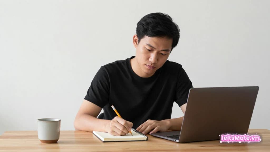 Hai người học Việt Nam ngồi cạnh bảng trắng trơn, tách ý nguyên nhân và giải pháp bằng thẻ giấy không chữ trên bàn.