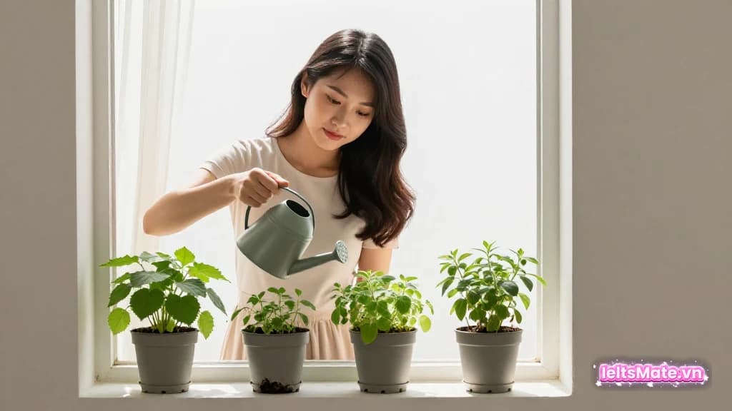 Người học Việt Nam tưới cây cho chậu nhỏ nhất trong bốn chậu trên bậu cửa sổ, ba chậu còn lại đã xanh tốt sẵn.