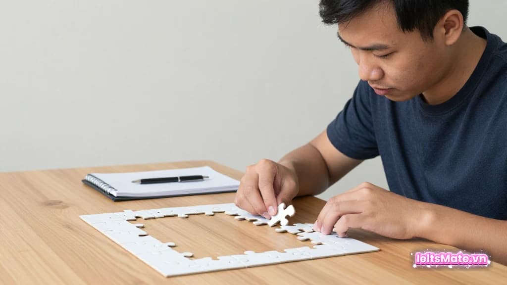 Người học Việt Nam ghép các miếng viền của một bộ ghép hình trơn trên bàn, hoàn thành khung ngoài trước khi lấp phần giữa.