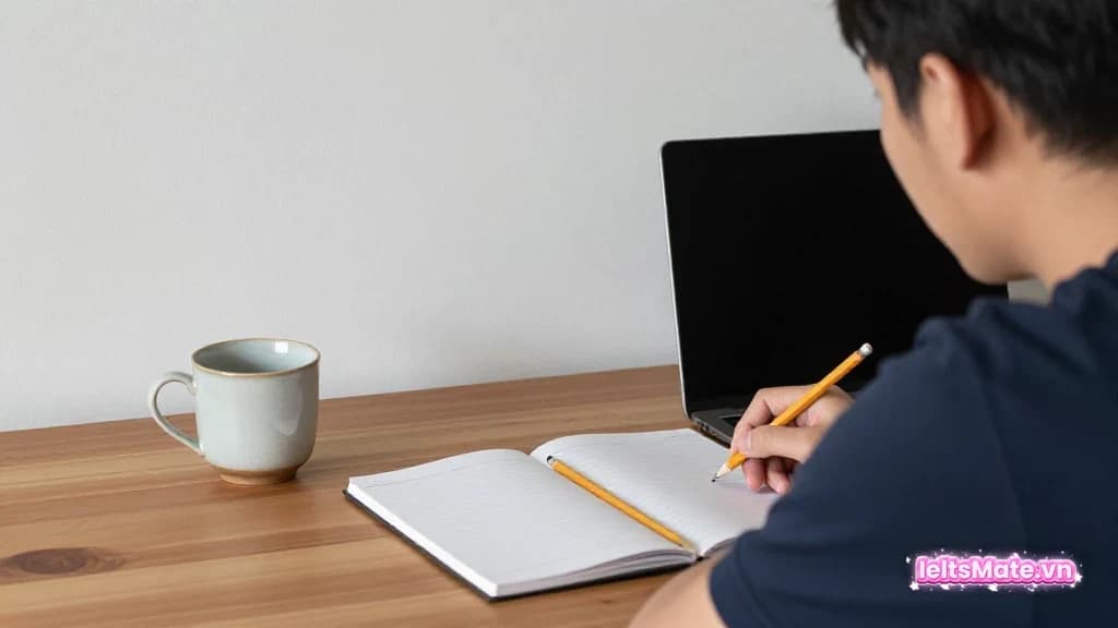 Hai người học Việt Nam xem lịch học tám tuần trên bảng trắng trơn với laptop màn hình mờ và sổ tay mở trên bàn.
