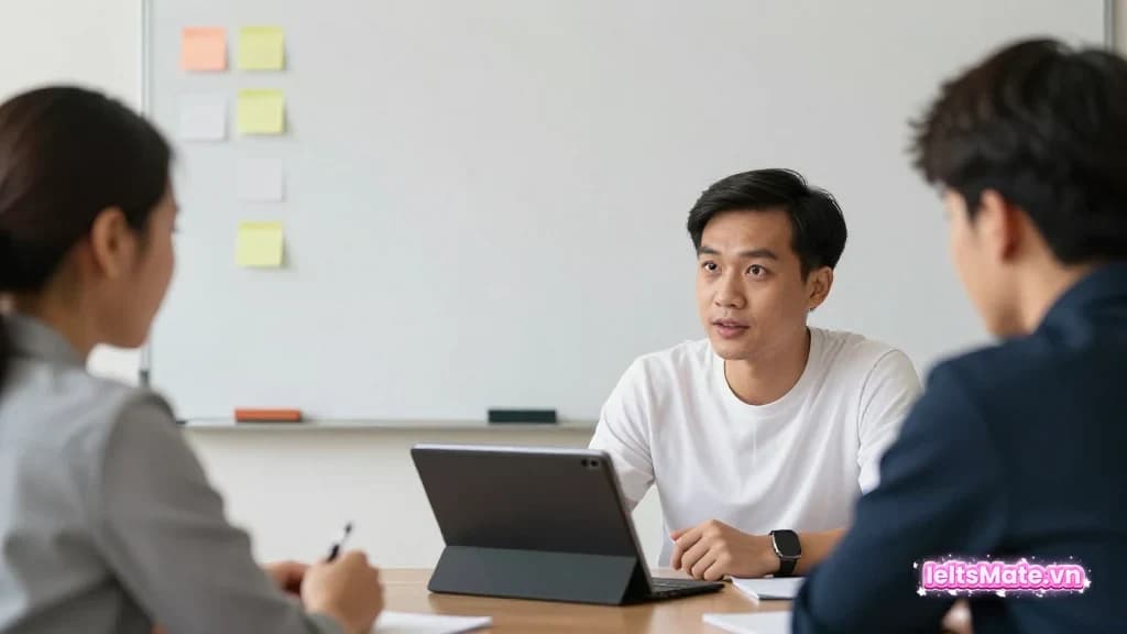 Người học Việt Nam đứng trước gương nhỏ và laptop màn hình mờ, bên cạnh là bản nháp Writing trên giấy trắng.