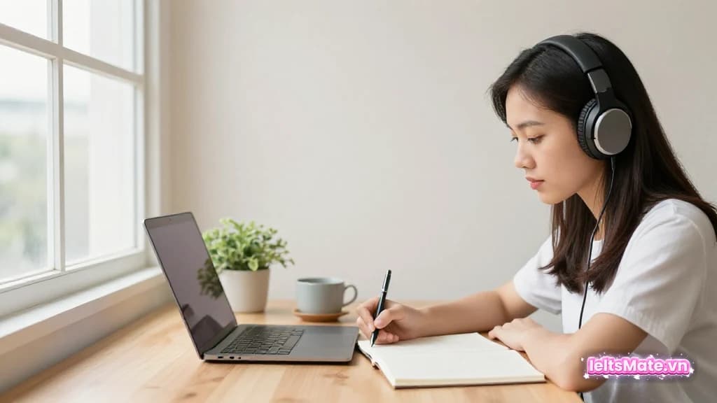 Người học Việt Nam đeo tai nghe, ghi chép vào sổ bên cạnh laptop trong không gian sáng và gọn gàng.