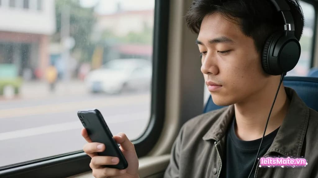 Người học Việt Nam đeo tai nghe, ngồi cạnh cửa kính xe buýt buổi sáng, nhìn xuống điện thoại đang cầm.