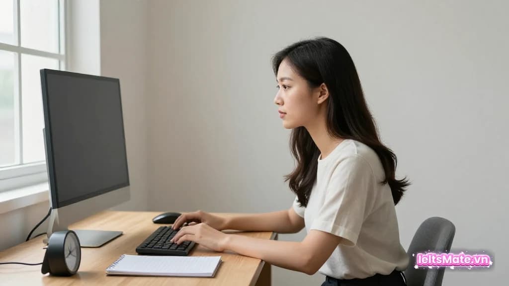 Người học Việt Nam ngồi thẳng trước máy tính màn hình mờ không hiển thị chữ, cạnh một đồng hồ đếm giờ nhỏ.