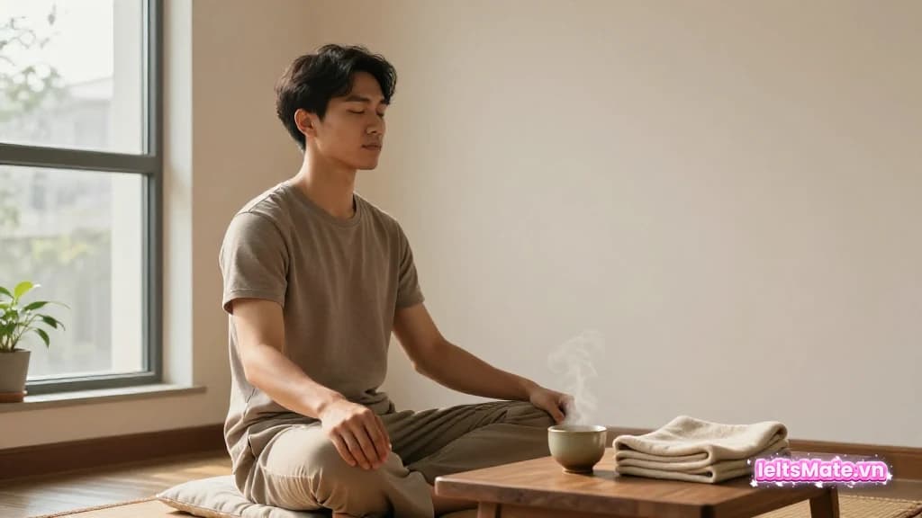 Người học Việt Nam ngồi nhắm mắt hít thở sâu trên đệm ngồi cạnh cửa sổ, hai tay đặt thả lỏng trên đầu gối, cốc trà nóng bên cạnh.