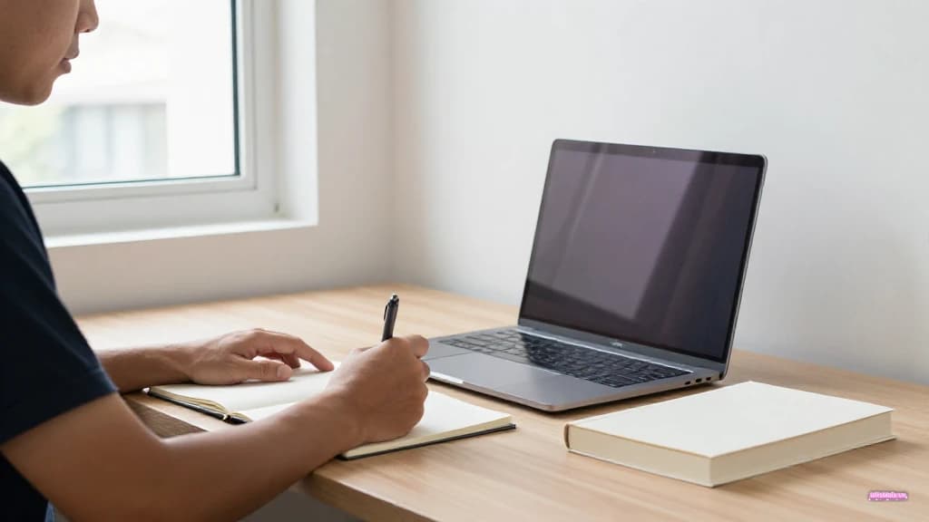 Người học Việt Nam xem ghi chú kết quả trên laptop không có chữ rõ, cạnh đồng hồ, tai nghe và sổ trang trơn trong phòng sáng.