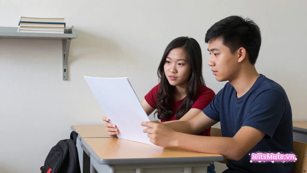 Hai sinh viên Việt Nam ngồi cạnh nhau trong lớp học, cùng xem một tờ giấy trắng, một người chỉ tay vào trang giấy để trao đổi.