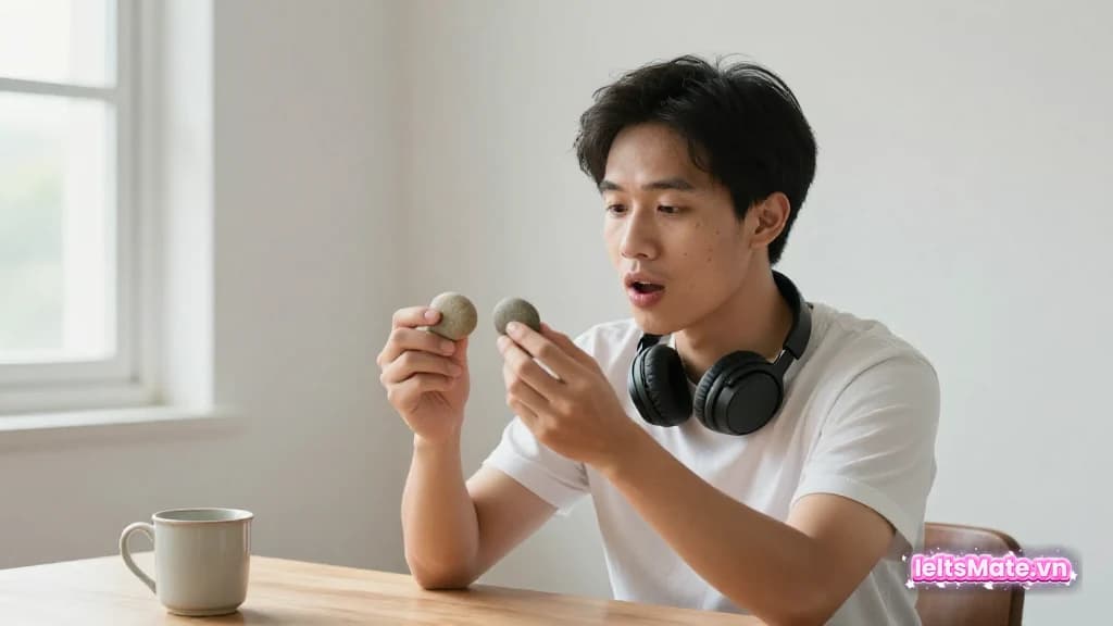 Người học Việt Nam đeo tai nghe choàng cổ, miệng hơi mở, hai tay cầm hai viên đá cuội nhỏ giống nhau để so sánh.