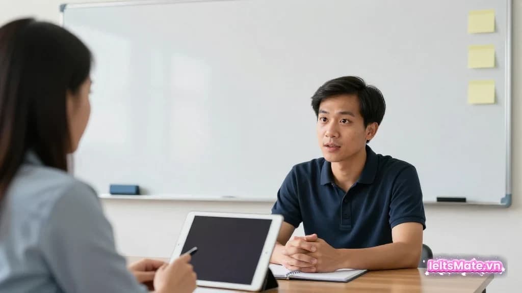 Ba người học Việt Nam đặt lịch giấy trắng 90 ngày trên bàn, mỗi người cầm bút màu trơn để chia mốc học.