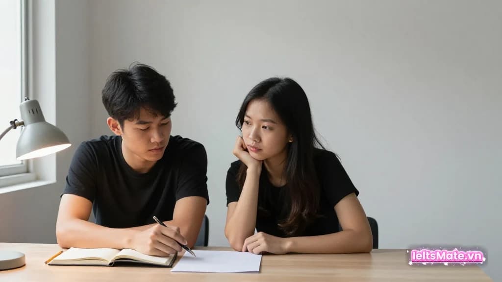 Hai người học Việt Nam ngồi cạnh nhau tại bàn, một người viết lên tờ giấy trắng trong khi người kia chăm chú nhìn theo.