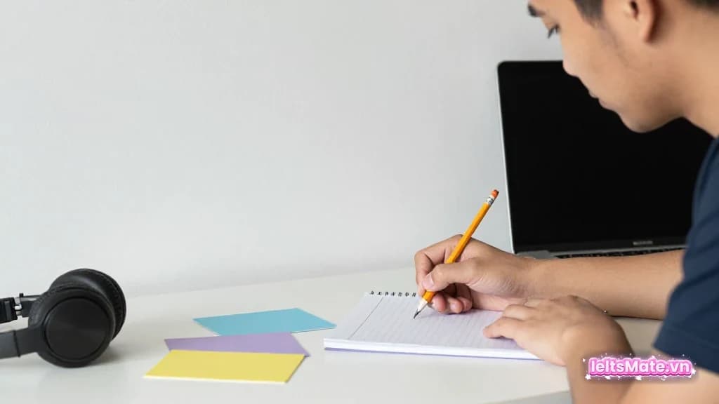 Một học viên ghép thẻ màu trống theo từng cặp trên bàn, cạnh bản nháp essay trắng và đèn bàn ấm.