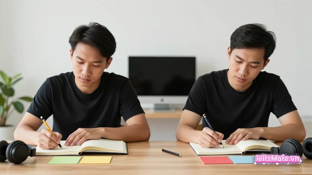 Hai học viên xếp các thẻ trắng quanh bản đồ giấy trơn, bàn học sáng và không có chữ hiển thị.