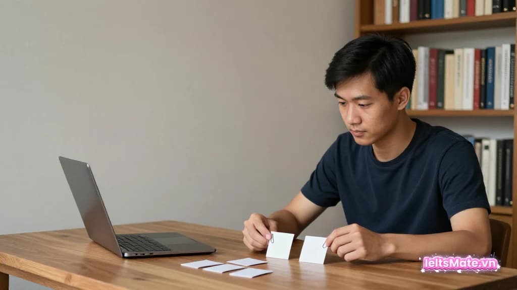 Người học Việt Nam ngồi trong góc học có kệ sách, dùng kẹp giấy nối hai tấm thẻ trắng để so khớp thông tin.