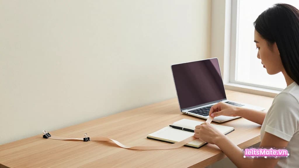 Người học Việt Nam đặt một dải ruy băng dài uốn lượn lên xuống trên bàn, cố định bằng kẹp giấy nhỏ.
