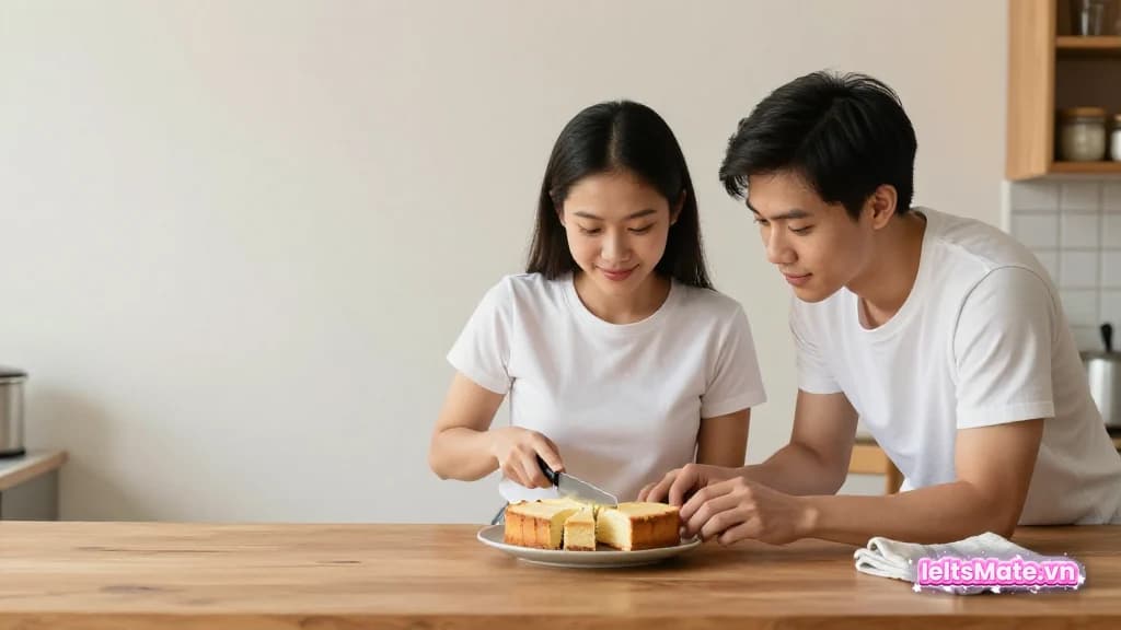 Hai người học Việt Nam cắt bánh thành các phần không đều nhau trên chiếc đĩa tròn trong gian bếp ấm áp.