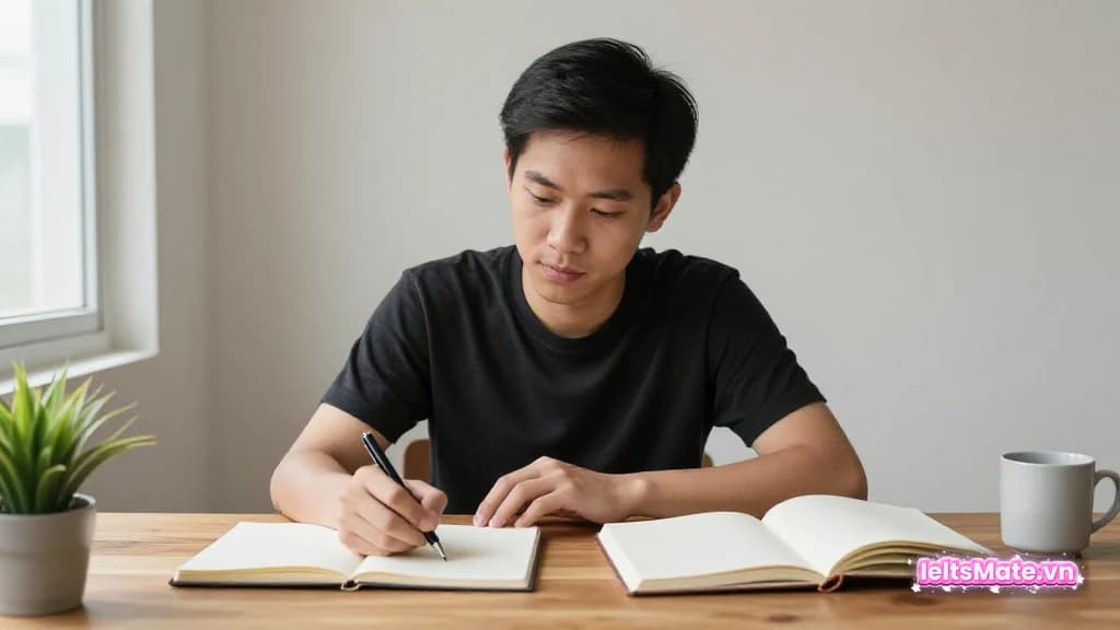 Người học Việt Nam đặt hai sổ trống song song trên bàn, tay cầm bút phân vân, gợi ý trả lời đủ hai phần của đề.