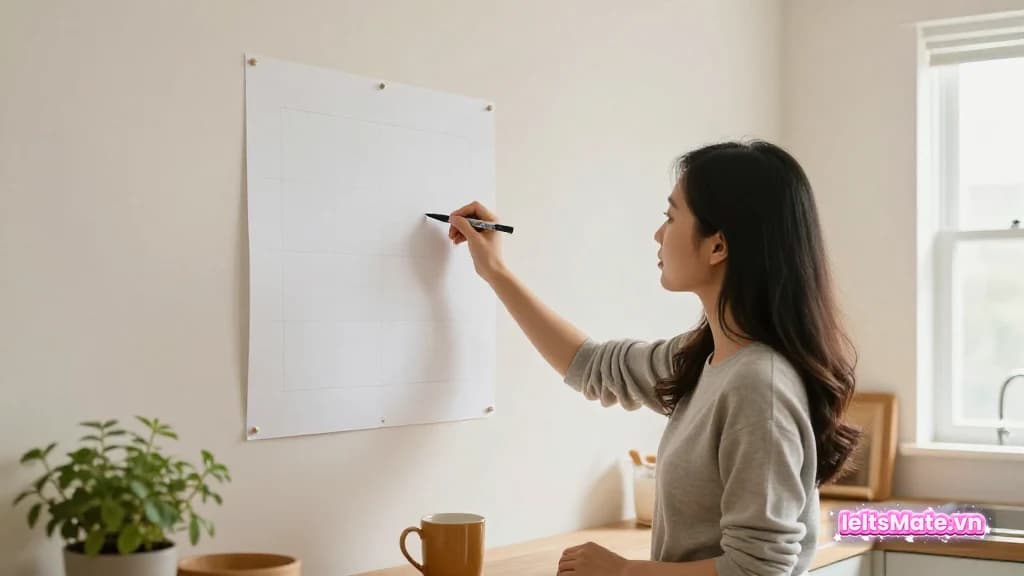 Người học Việt Nam khoanh tròn một ô trên tờ lịch treo tường trống trong gian bếp sáng, tay cầm bút dạ.