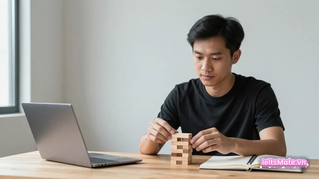 Người học Việt Nam trưởng thành dùng hai ngón tay đặt chính xác khối gỗ trên cùng một tháp khối gỗ nhỏ.