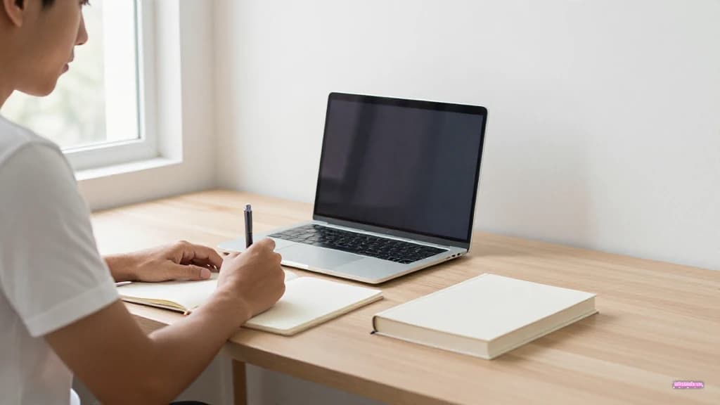 Người học Việt Nam dùng bút đánh dấu các câu trong một trang giấy trơn cạnh laptop ở bàn học có ánh sáng ban ngày.