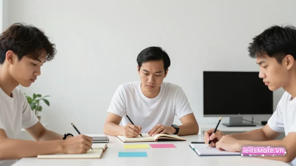 Ba người học thảo luận cạnh mô hình quả tim trơn và sổ trắng trong phòng học có ánh sáng mềm.